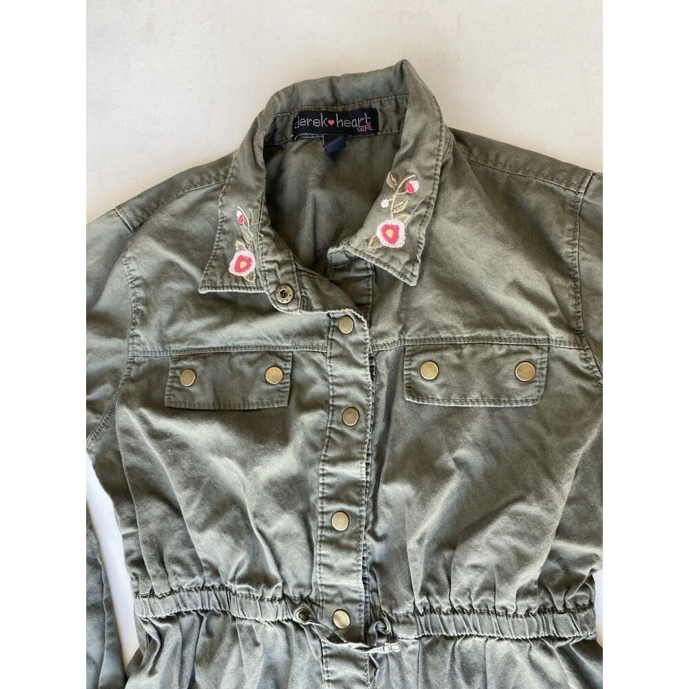 Derek Heart Girl M Olive Green Shirt Dress Embroidered Floral Utility Jacket